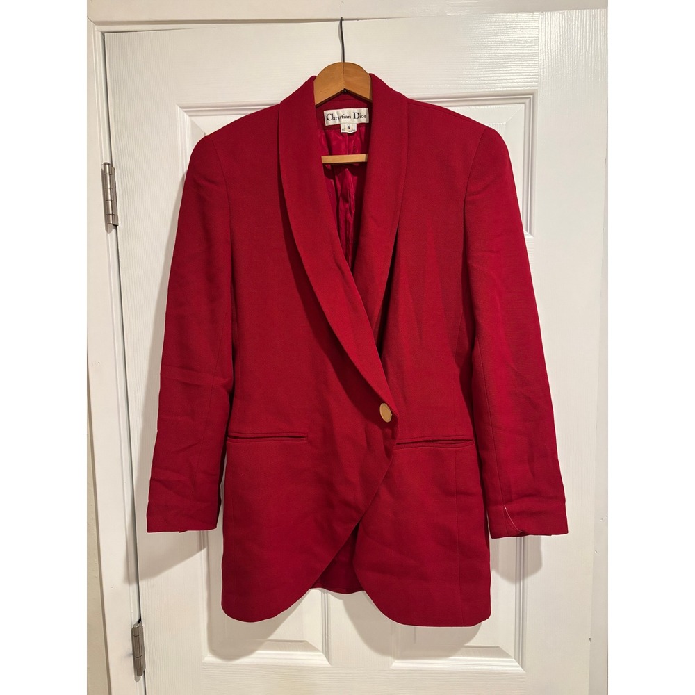 Vintage Christian Dior Red Wool Blazer 80s Gold‎ Single Button Suit Jacket 4 USA